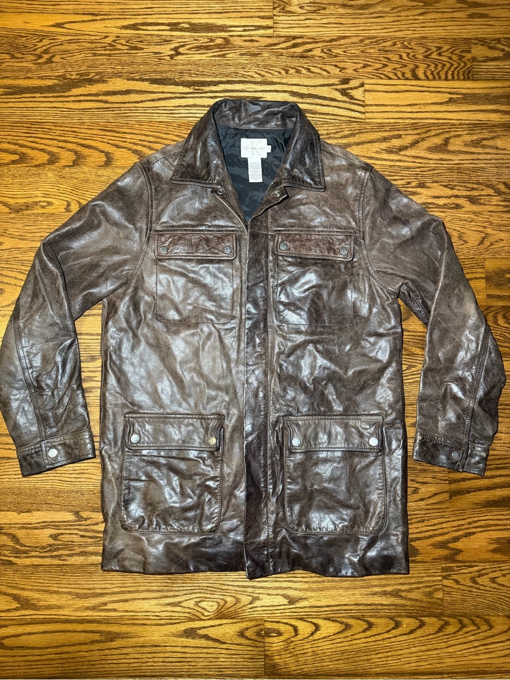 Vintage Calvin Klein Brown Leather Chore Jacket Bomber Motorcycle Men’s Sz S